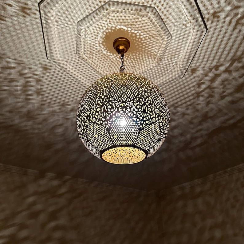 Handmade Moroccan Brass Pendant Light – Pierced Globe Lantern with Arabesque Floral Cutouts, Shadow Casting Moorish Ceiling Light for Dining Room, Living Room & Entryway