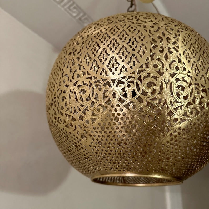 Handmade Moroccan Brass Pendant Light – Pierced Globe Lantern with Arabesque Floral Cutouts, Shadow Casting Moorish Ceiling Light for Dining Room, Living Room & Entryway
