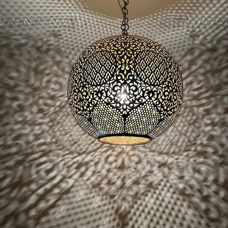 Handmade Moroccan Brass Pendant Light – Pierced Globe Lantern with Arabesque Floral Cutouts, Shadow Casting Moorish Ceiling Light for Dining Room, Living Room & Entryway