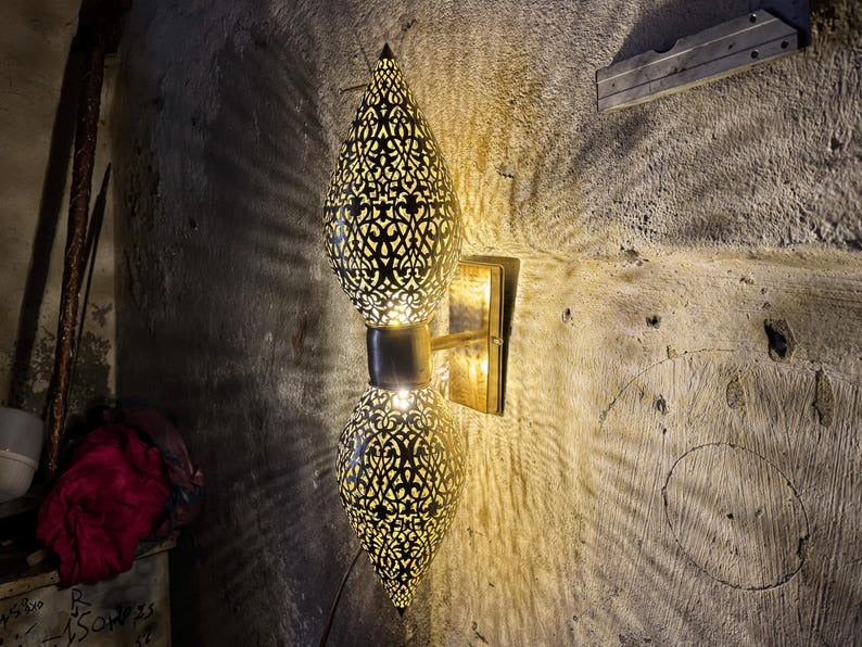 Handmade Moroccan Brass Double Teardrop Wall Sconce – Pierced Gold Brass Up and Down Wall Light with Ornate Moorish Cutouts for Bedroom, Hallway, Entryway & Living Room