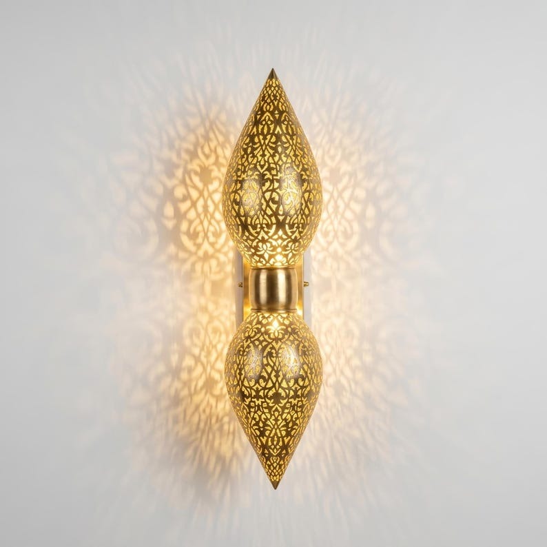 Handmade Moroccan Brass Double Teardrop Wall Sconce – Pierced Gold Brass Up and Down Wall Light with Ornate Moorish Cutouts for Bedroom, Hallway, Entryway & Living Room