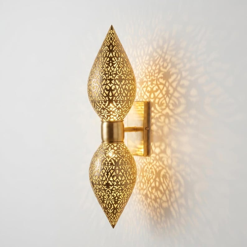 Handmade Moroccan Brass Double Teardrop Wall Sconce – Pierced Gold Brass Up and Down Wall Light with Ornate Moorish Cutouts for Bedroom, Hallway, Entryway & Living Room