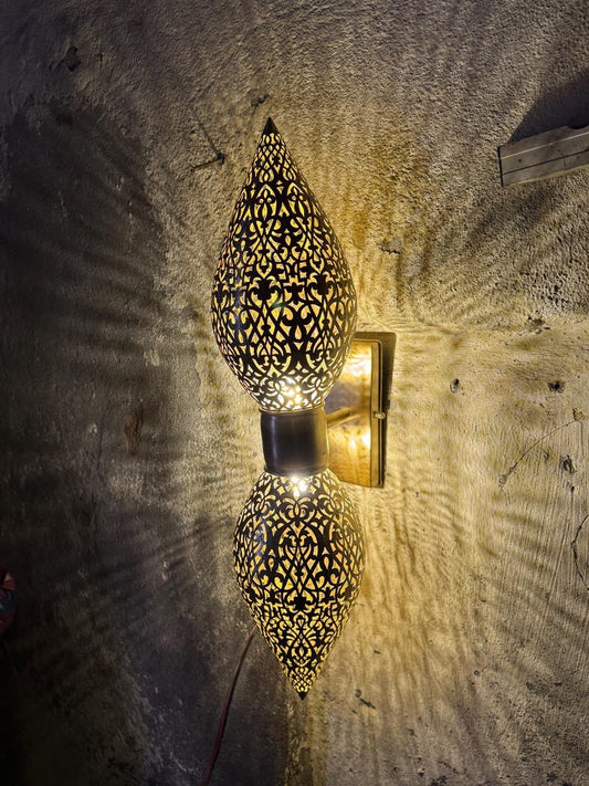 Handmade Moroccan Brass Double Teardrop Wall Sconce – Pierced Gold Brass Up and Down Wall Light with Ornate Moorish Cutouts for Bedroom, Hallway, Entryway & Living Room
