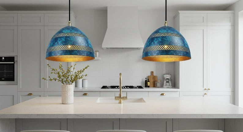 Handmade Moroccan Brass Pendant Light – Blue Verdigris Patina Dome Lamp with Pierced Lattice Bands, Warm Gold Interior Ceiling Light for Kitchen Island, Dining Room, Bedroom & Entryway