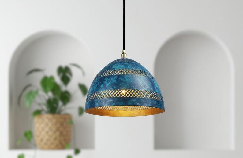 Handmade Moroccan Brass Pendant Light – Blue Verdigris Patina Dome Lamp with Pierced Lattice Bands, Warm Gold Interior Ceiling Light for Kitchen Island, Dining Room, Bedroom & Entryway
