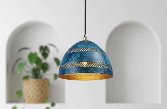Handmade Moroccan Brass Pendant Light – Blue Verdigris Patina Dome Lamp with Pierced Lattice Bands, Warm Gold Interior Ceiling Light for Kitchen Island, Dining Room, Bedroom & Entryway