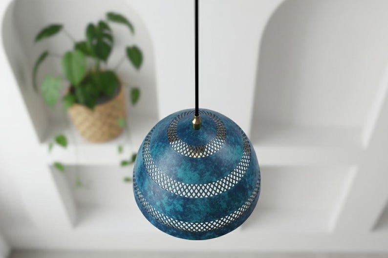 Handmade Moroccan Brass Pendant Light – Blue Verdigris Patina Dome Lamp with Pierced Lattice Bands, Warm Gold Interior Ceiling Light for Kitchen Island, Dining Room, Bedroom & Entryway