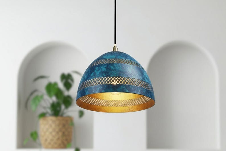 Handmade Moroccan Brass Pendant Light – Blue Verdigris Patina Dome Lamp with Pierced Lattice Bands, Warm Gold Interior Ceiling Light for Kitchen Island, Dining Room, Bedroom & Entryway