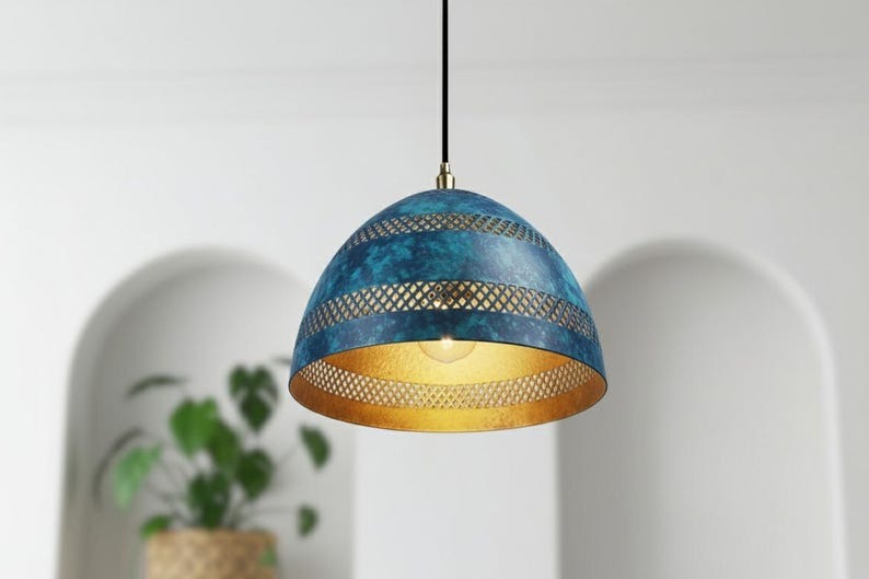 Handmade Moroccan Brass Pendant Light – Blue Verdigris Patina Dome Lamp with Pierced Lattice Bands, Warm Gold Interior Ceiling Light for Kitchen Island, Dining Room, Bedroom & Entryway