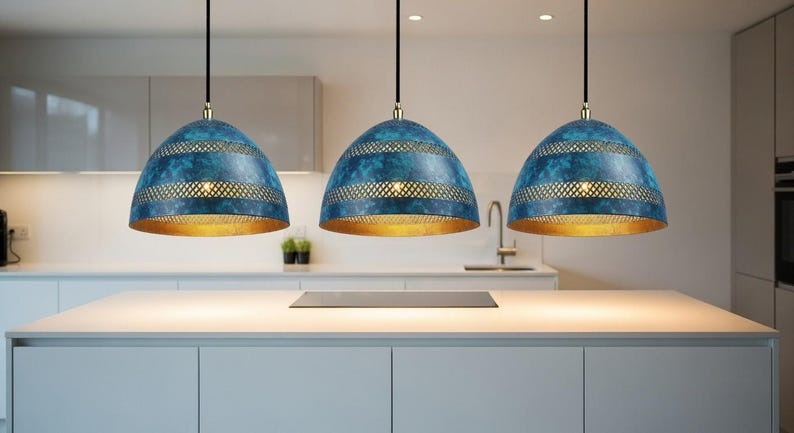 Handmade Moroccan Brass Pendant Light – Blue Verdigris Patina Dome Lamp with Pierced Lattice Bands, Warm Gold Interior Ceiling Light for Kitchen Island, Dining Room, Bedroom & Entryway
