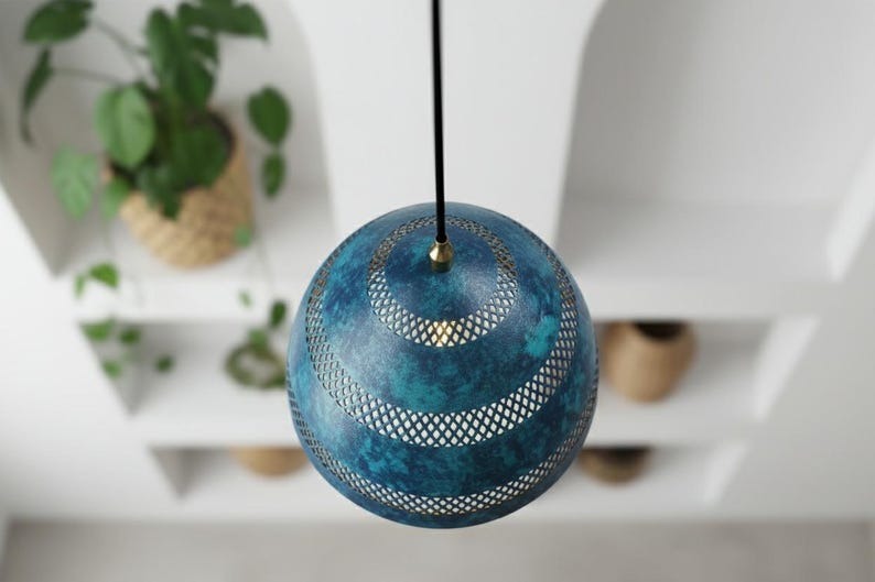 Handmade Moroccan Brass Pendant Light – Blue Verdigris Patina Dome Lamp with Pierced Lattice Bands, Warm Gold Interior Ceiling Light for Kitchen Island, Dining Room, Bedroom & Entryway