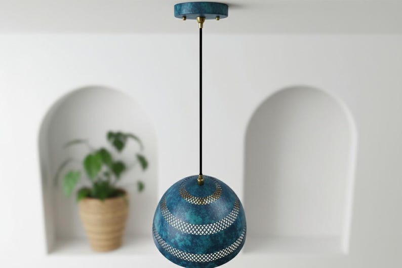 Handmade Moroccan Brass Pendant Light – Blue Verdigris Patina Dome Lamp with Pierced Lattice Bands, Warm Gold Interior Ceiling Light for Kitchen Island, Dining Room, Bedroom & Entryway