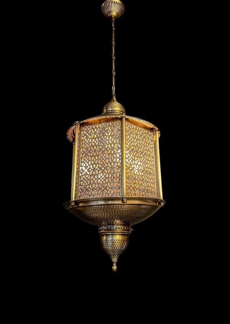 Handmade Moroccan Brass Pendant Light – Large Pierced Moorish Lantern with Geometric Arabesque Panels, Antique Brass Hanging Ceiling Light for Entryway, Dining Room & Living Room