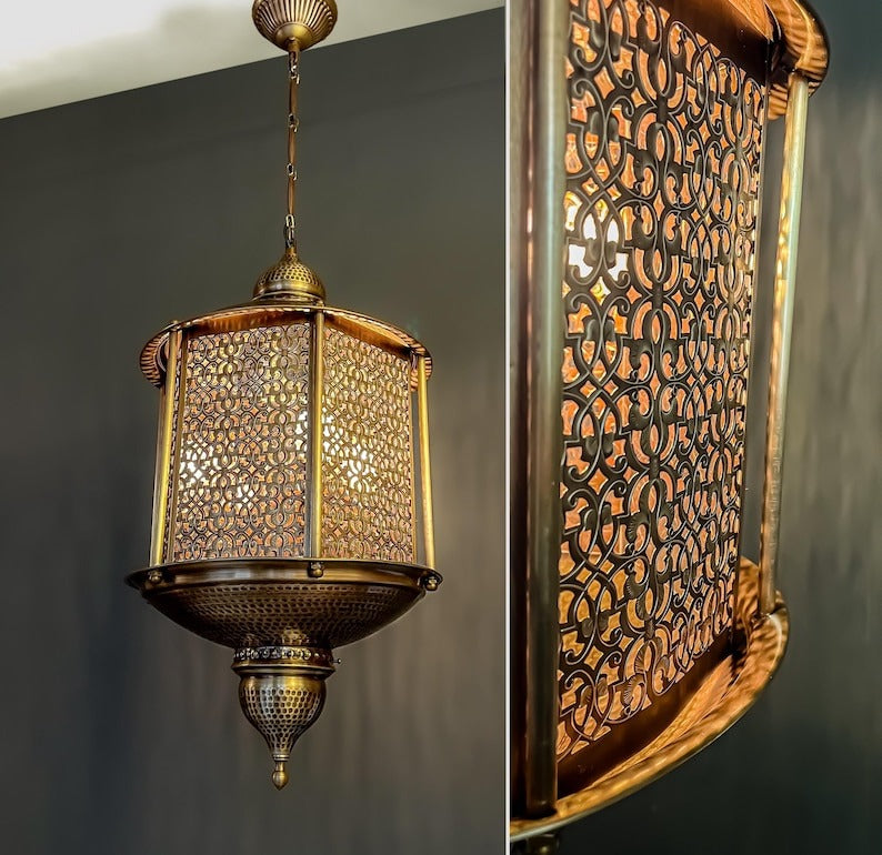 Handmade Moroccan Brass Pendant Light – Large Pierced Moorish Lantern with Geometric Arabesque Panels, Antique Brass Hanging Ceiling Light for Entryway, Dining Room & Living Room