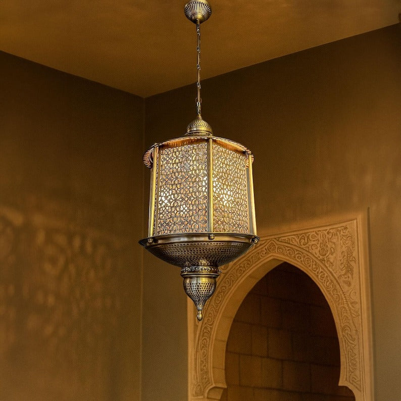 Handmade Moroccan Brass Pendant Light – Large Pierced Moorish Lantern with Geometric Arabesque Panels, Antique Brass Hanging Ceiling Light for Entryway, Dining Room & Living Room