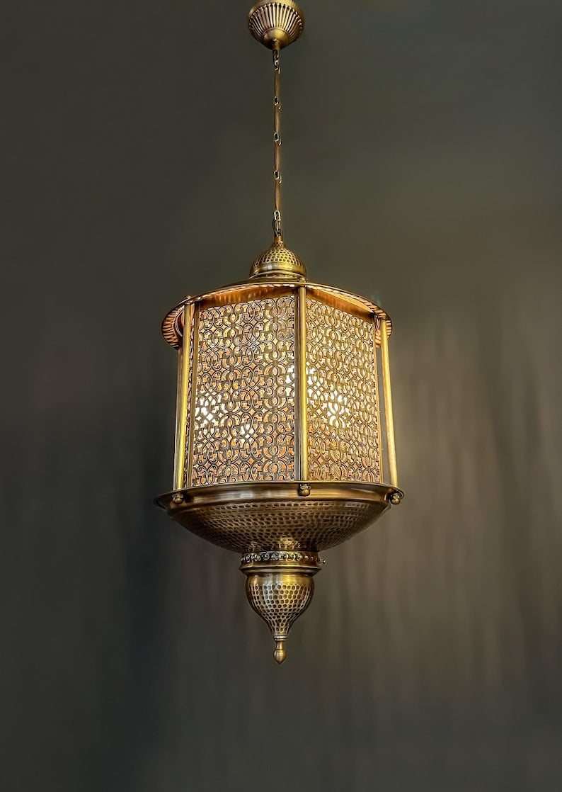 Handmade Moroccan Brass Pendant Light – Large Pierced Moorish Lantern with Geometric Arabesque Panels, Antique Brass Hanging Ceiling Light for Entryway, Dining Room & Living Room