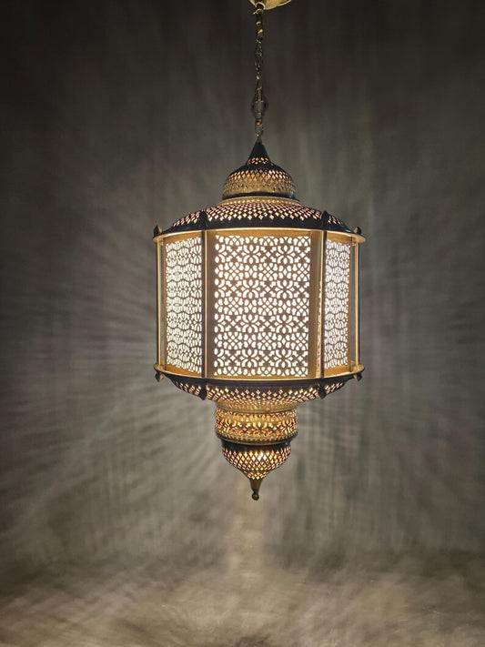 Handmade Moroccan Brass Pendant Light – Large Pierced Moorish Lantern with Geometric Arabesque Panels, Antique Brass Hanging Ceiling Light for Entryway, Dining Room & Living Room