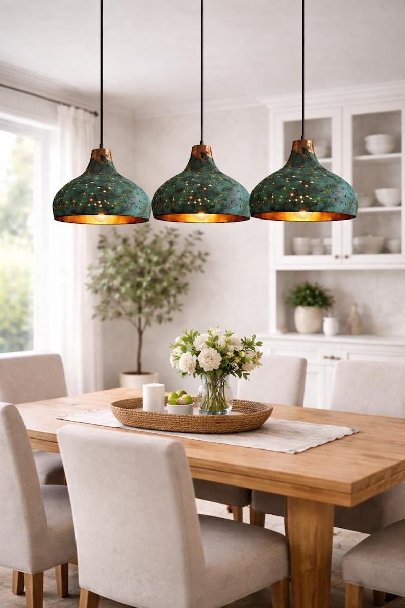 Verdigris Brass Pierced Pendant Light – Turquoise Moroccan Dome Chandelier with Warm Copper Interior