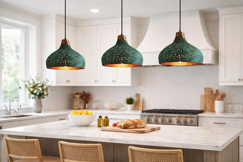 Verdigris Brass Pierced Pendant Light – Turquoise Moroccan Dome Chandelier with Warm Copper Interior