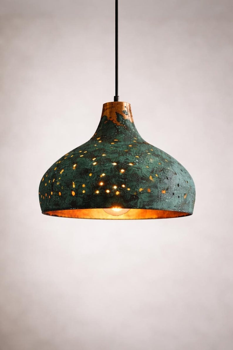 Verdigris Brass Pierced Pendant Light – Turquoise Moroccan Dome Chandelier with Warm Copper Interior