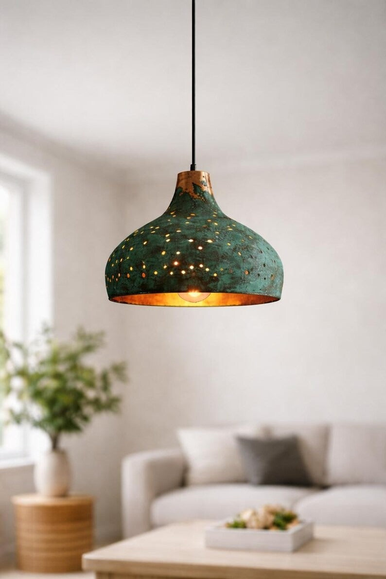 Verdigris Brass Pierced Pendant Light – Turquoise Moroccan Dome Chandelier with Warm Copper Interior