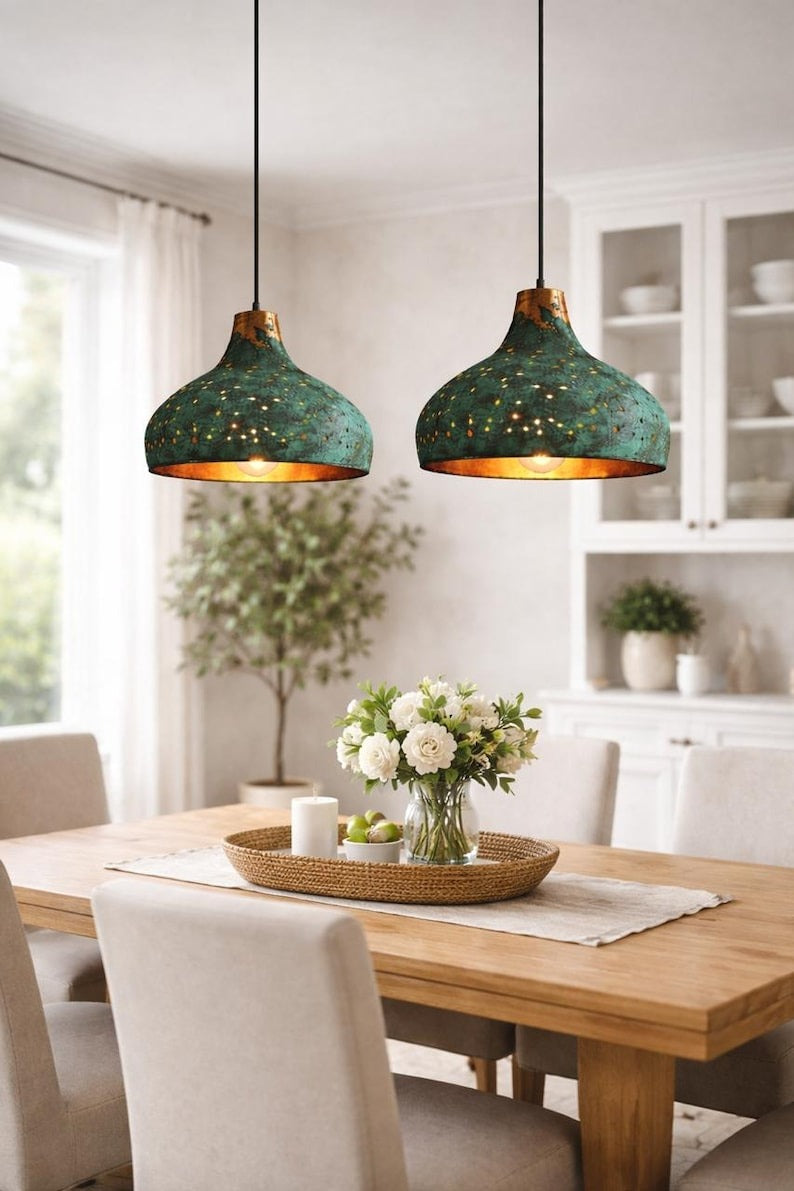 Verdigris Brass Pierced Pendant Light – Turquoise Moroccan Dome Chandelier with Warm Copper Interior
