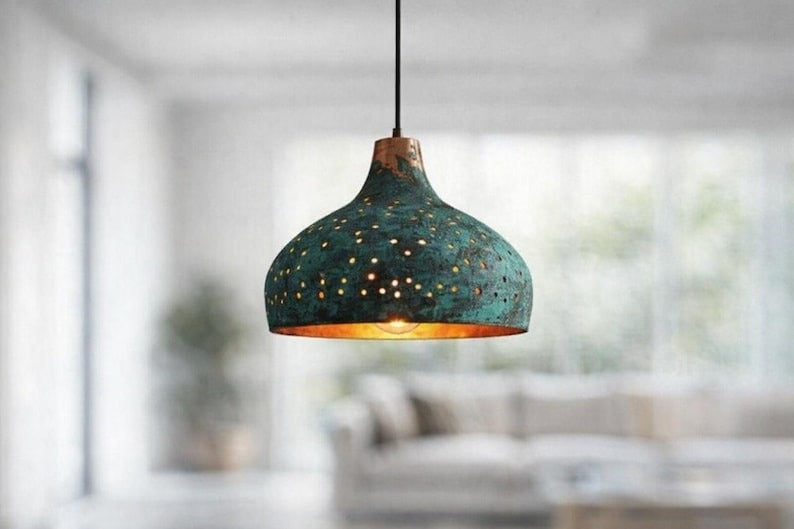Verdigris Brass Pierced Pendant Light – Turquoise Moroccan Dome Chandelier with Warm Copper Interior