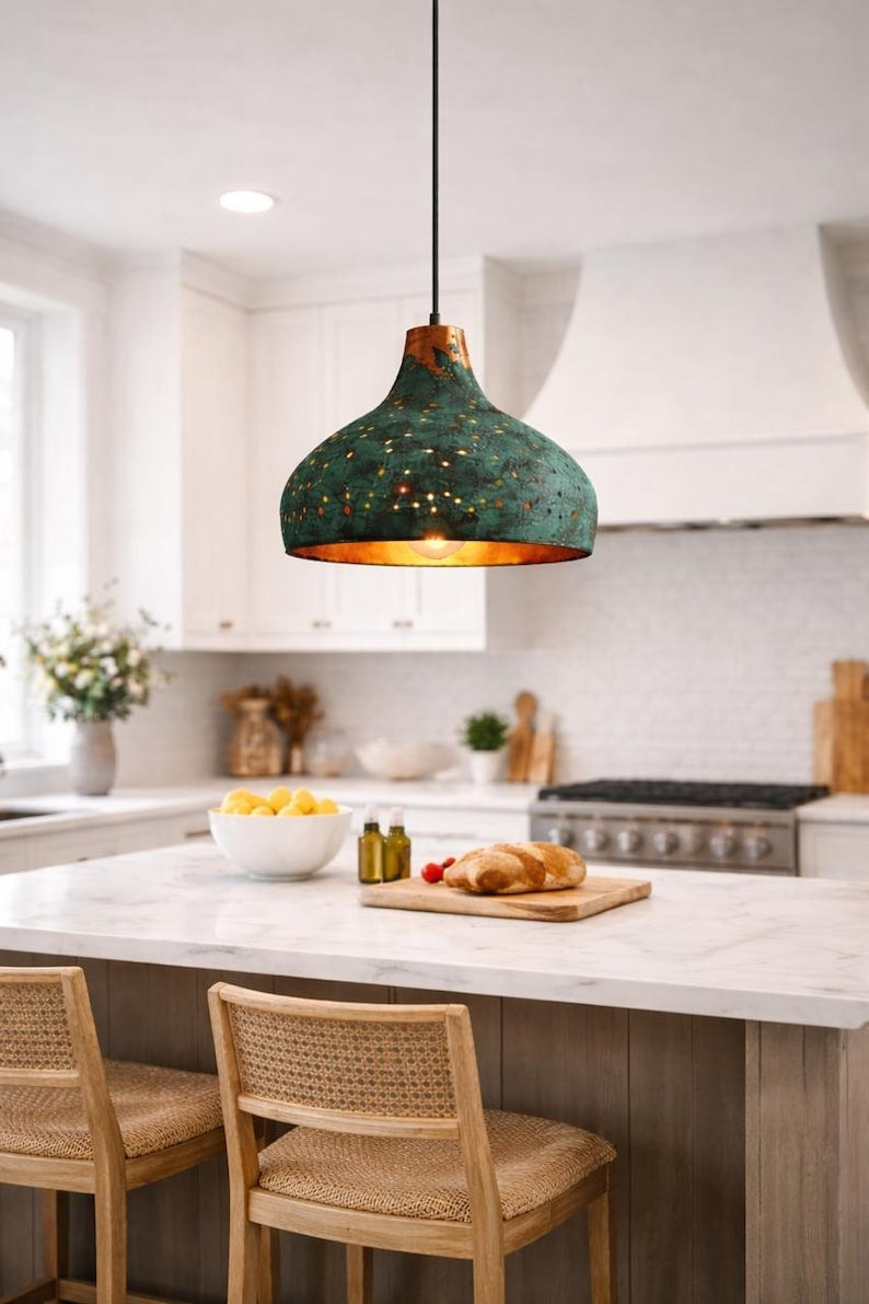 Verdigris Brass Pierced Pendant Light – Turquoise Moroccan Dome Chandelier with Warm Copper Interior