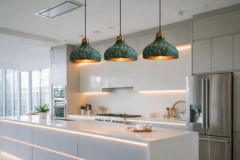 Verdigris Brass Pierced Pendant Light – Turquoise Moroccan Dome Chandelier with Warm Copper Interior
