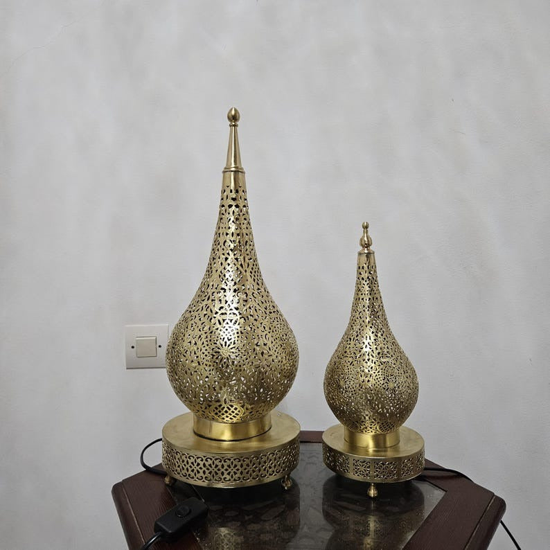 Handmade Moroccan Brass Table Lamp – Pierced Teardrop Lantern with Floral Geometric Cutouts & Decorative Base, Moorish Bedroom and Living Room Accent Light
