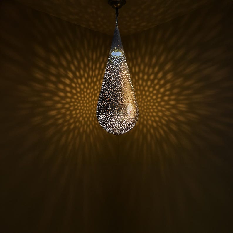 Handmade Moroccan Brass Pendant Light – Pierced Teardrop Ceiling Lantern, Perforated Shadow Casting Lamp for Entryway, Bedroom, Dining Room & Living Room