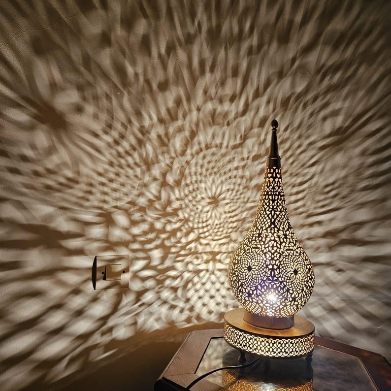 Handmade Moroccan Brass Table Lamp – Pierced Teardrop Lantern with Floral Geometric Cutouts & Decorative Base, Moorish Bedroom and Living Room Accent Light