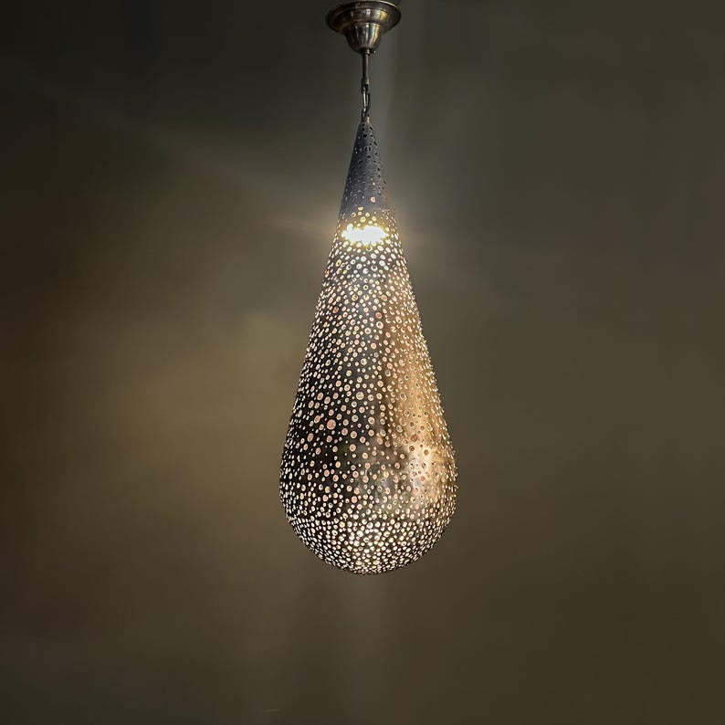 Handmade Moroccan Brass Pendant Light – Pierced Teardrop Ceiling Lantern, Perforated Shadow Casting Lamp for Entryway, Bedroom, Dining Room & Living Room