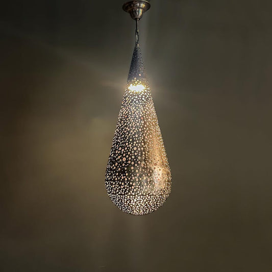 Handmade Moroccan Brass Pendant Light – Pierced Teardrop Ceiling Lantern, Perforated Shadow Casting Lamp for Entryway, Bedroom, Dining Room & Living Room