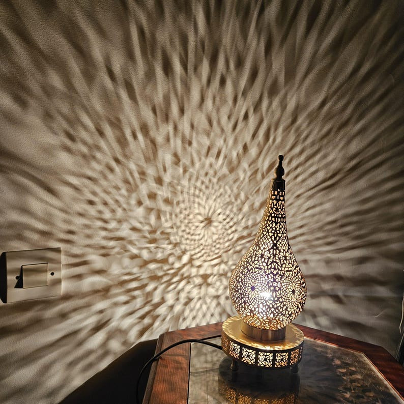 Handmade Moroccan Brass Table Lamp – Pierced Teardrop Lantern with Floral Geometric Cutouts & Decorative Base, Moorish Bedroom and Living Room Accent Light