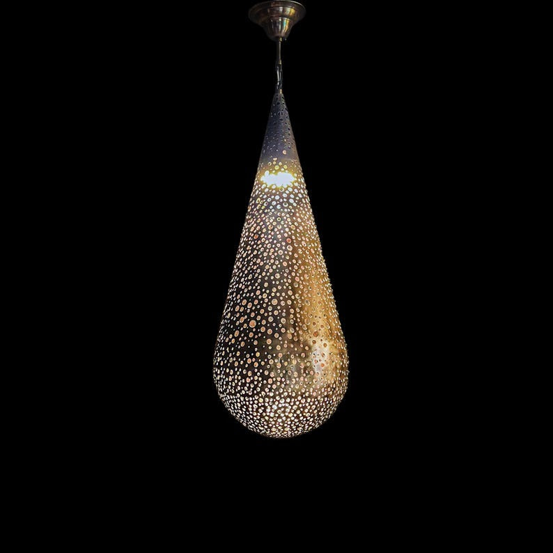 Handmade Moroccan Brass Pendant Light – Pierced Teardrop Ceiling Lantern, Perforated Shadow Casting Lamp for Entryway, Bedroom, Dining Room & Living Room