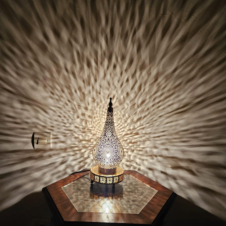 Handmade Moroccan Brass Table Lamp – Pierced Teardrop Lantern with Floral Geometric Cutouts & Decorative Base, Moorish Bedroom and Living Room Accent Light