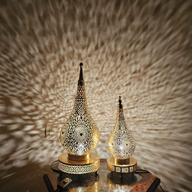 Handmade Moroccan Brass Table Lamp – Pierced Teardrop Lantern with Floral Geometric Cutouts & Decorative Base, Moorish Bedroom and Living Room Accent Light