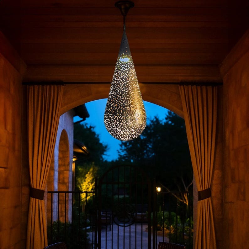 Handmade Moroccan Brass Pendant Light – Pierced Teardrop Ceiling Lantern, Perforated Shadow Casting Lamp for Entryway, Bedroom, Dining Room & Living Room