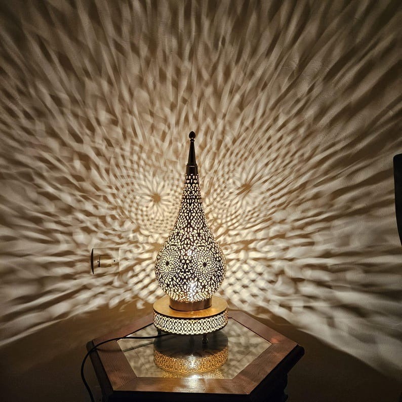 Handmade Moroccan Brass Table Lamp – Pierced Teardrop Lantern with Floral Geometric Cutouts & Decorative Base, Moorish Bedroom and Living Room Accent Light