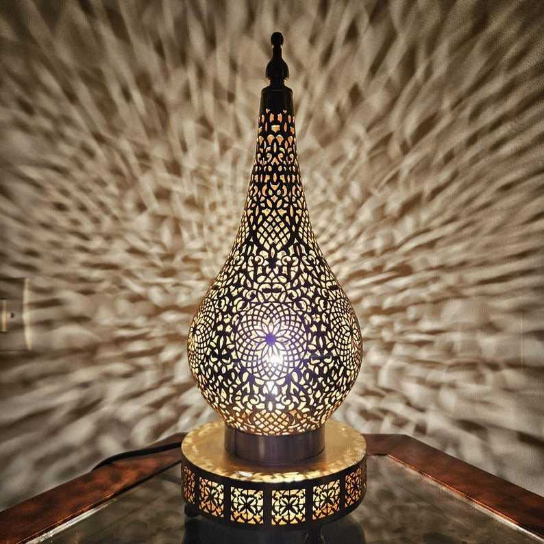 Handmade Moroccan Brass Table Lamp – Pierced Teardrop Lantern with Floral Geometric Cutouts & Decorative Base, Moorish Bedroom and Living Room Accent Light