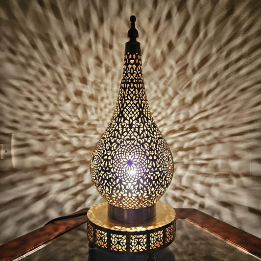 Handmade Moroccan Brass Table Lamp – Pierced Teardrop Lantern with Floral Geometric Cutouts & Decorative Base, Moorish Bedroom and Living Room Accent Light