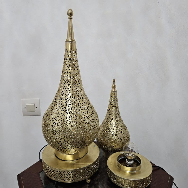 Handmade Moroccan Brass Table Lamp – Pierced Teardrop Lantern with Floral Geometric Cutouts & Decorative Base, Moorish Bedroom and Living Room Accent Light
