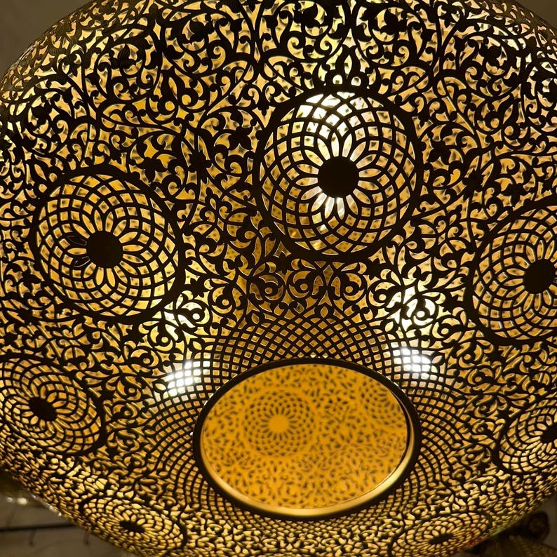 Large Moroccan Pierced Brass Dome Pendant Light, Handmade Moorish Floral Medallion Chandelier, Boho Arabic Shadow Lamp, Luxury Gold Filigree Ceiling Light Fixture