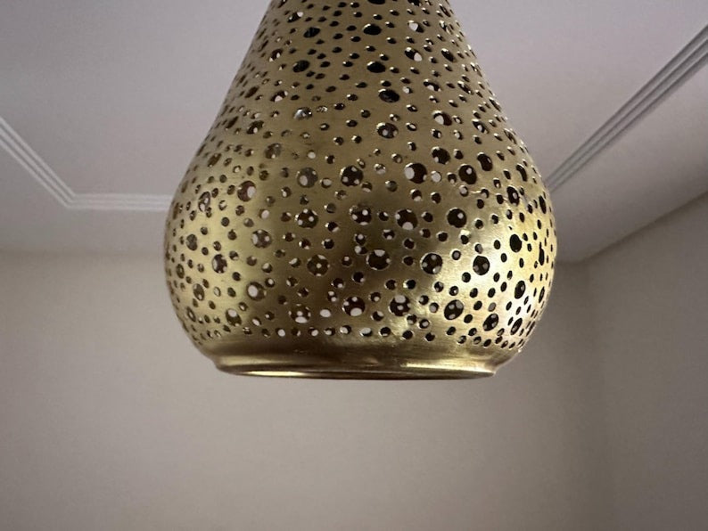 Handmade Moroccan Brass Pendant Light – Pierced Teardrop Hanging Lantern, Perforated Brass Ceiling Lamp with Decorative Shadow Pattern