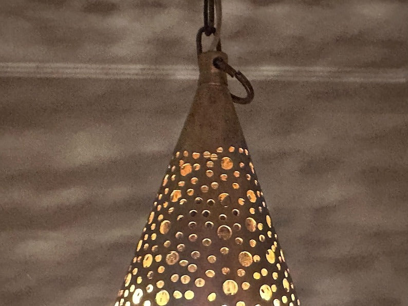 Handmade Moroccan Brass Pendant Light – Pierced Teardrop Hanging Lantern, Perforated Brass Ceiling Lamp with Decorative Shadow Pattern