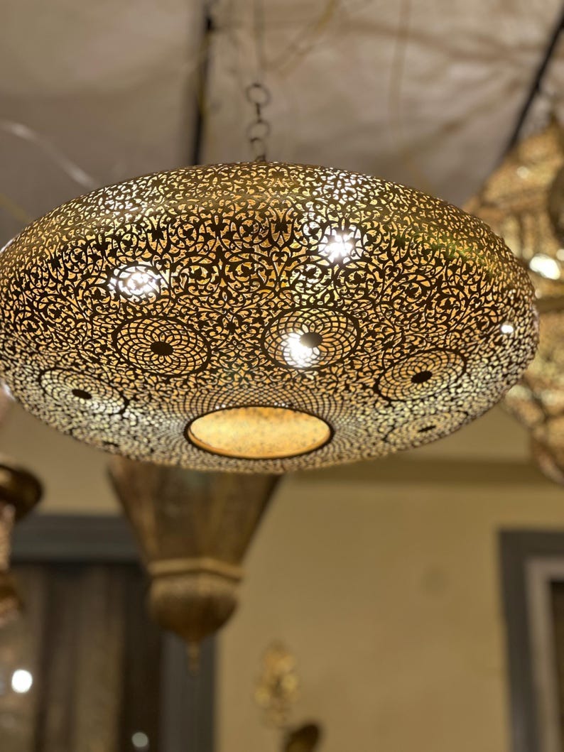 Large Moroccan Pierced Brass Dome Pendant Light, Handmade Moorish Floral Medallion Chandelier, Boho Arabic Shadow Lamp, Luxury Gold Filigree Ceiling Light Fixture