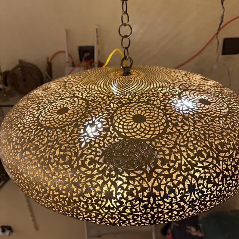 Large Moroccan Pierced Brass Dome Pendant Light, Handmade Moorish Floral Medallion Chandelier, Boho Arabic Shadow Lamp, Luxury Gold Filigree Ceiling Light Fixture