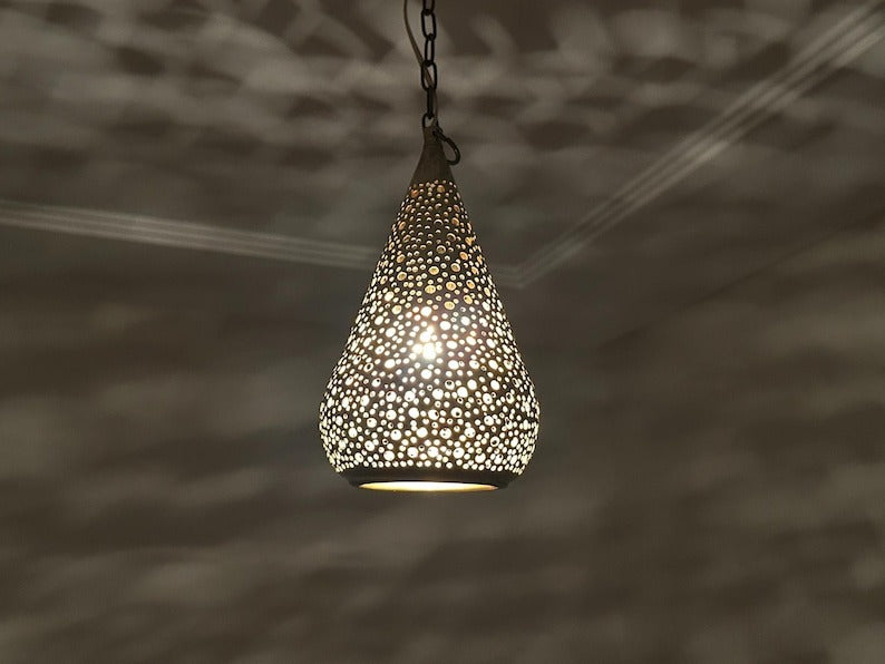 Handmade Moroccan Brass Pendant Light – Pierced Teardrop Hanging Lantern, Perforated Brass Ceiling Lamp with Decorative Shadow Pattern