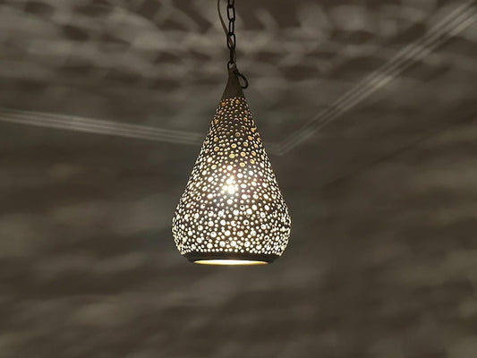 Handmade Moroccan Brass Pendant Light – Pierced Teardrop Hanging Lantern, Perforated Brass Ceiling Lamp with Decorative Shadow Pattern